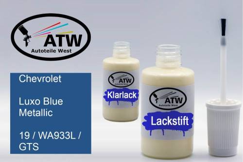 Chevrolet, Luxo Blue Metallic, 19 / WA933L / GTS: 20ml Lackstift + 20ml Klarlack - Set, von ATW Autoteile West.